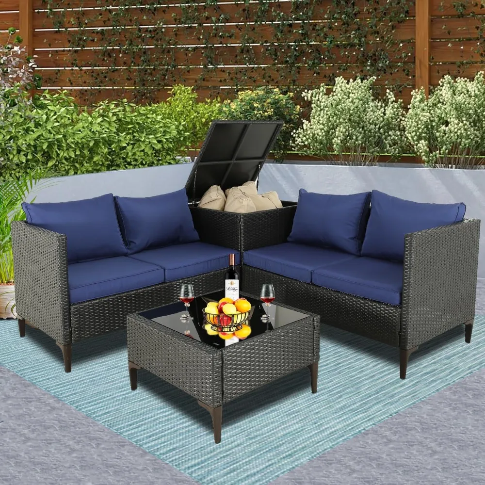Outdoor Terrace Combination Furniture Set with Storage Box and Glass Desktop Table